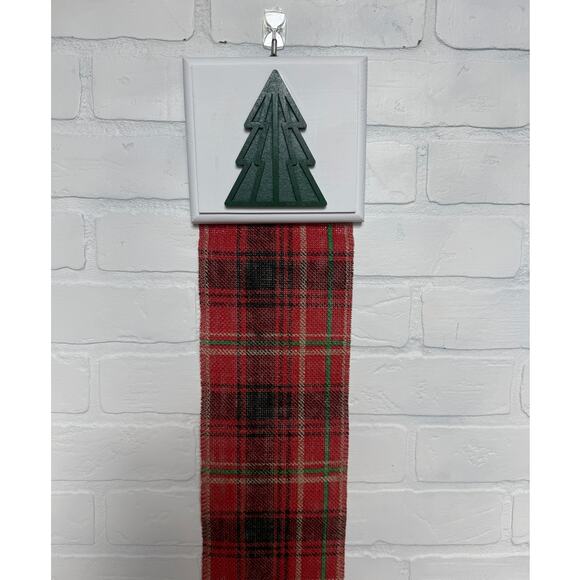 Holiday Card Holder Wooden Topper Green Christmas Tree Red Plaid Wide Ribbon - Picture 3 of 6